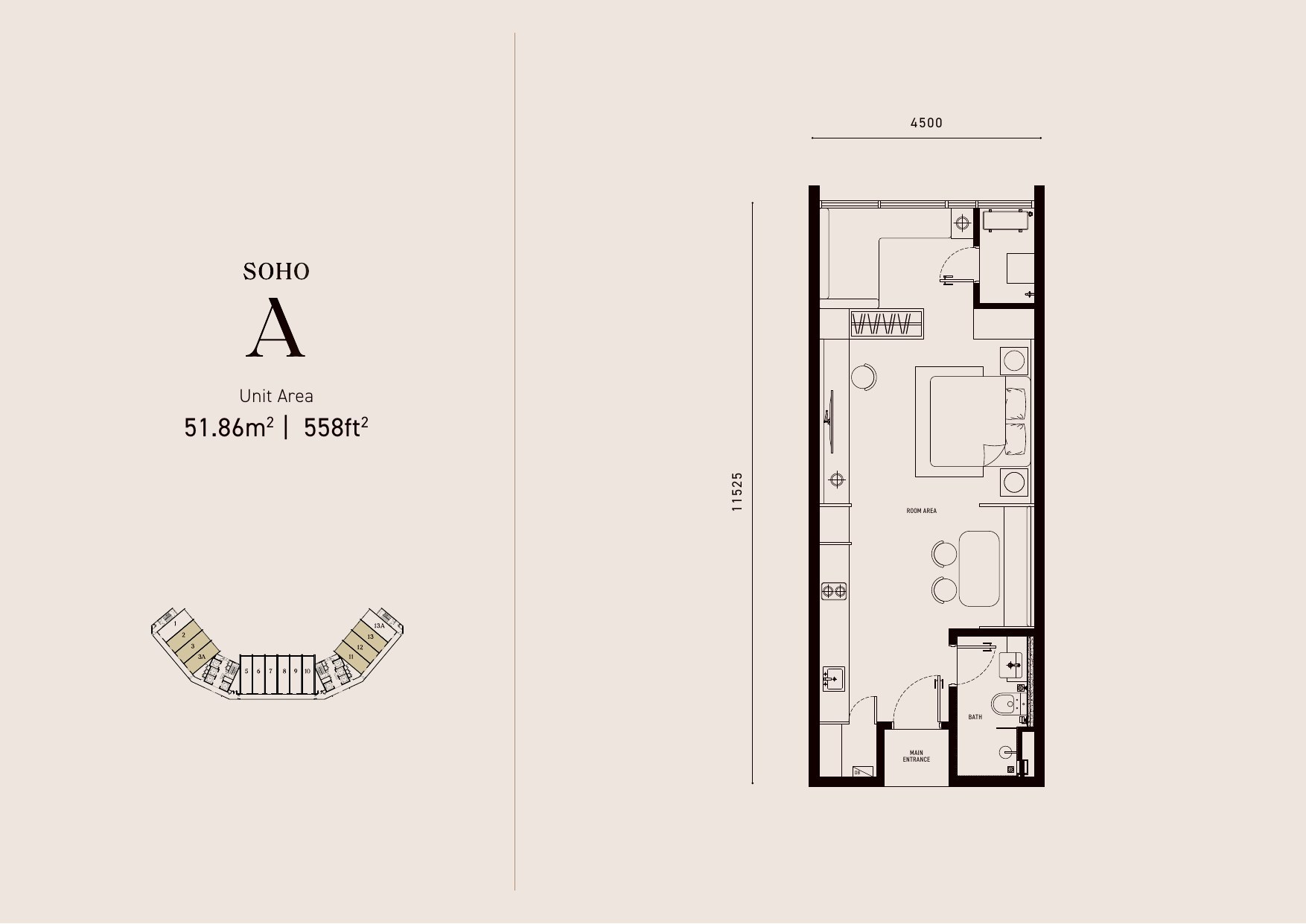 Armani Hallson KLCC SOHO Type A SOHO Suite 558 sq ft floor plan