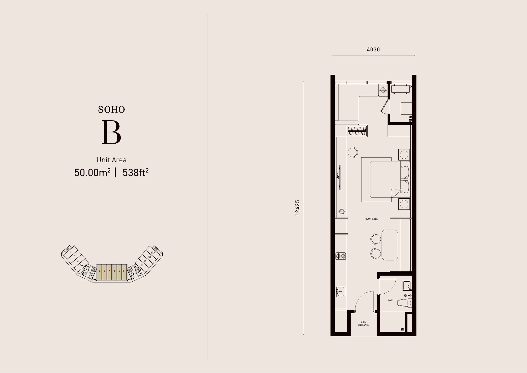 Armani Hallson KLCC SOHO Type B SOHO Suite 538 sq ft floor plan