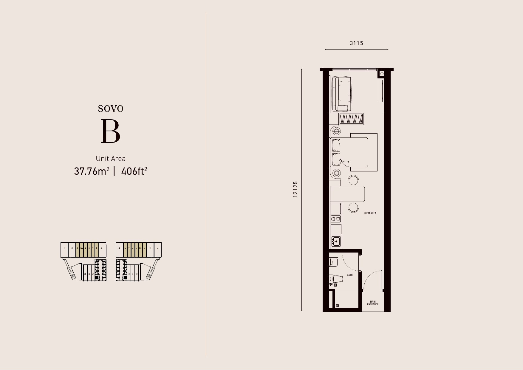 Armani Hallson KLCC SOVO Type B SOVO Suite 406 sq ft floor plan