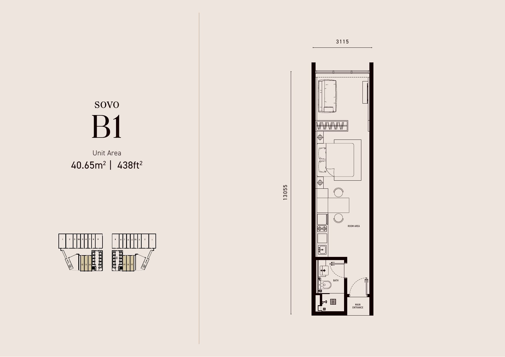 Armani Hallson KLCC SOVO Type B1 SOVO Suite 438 sq ft floor plan