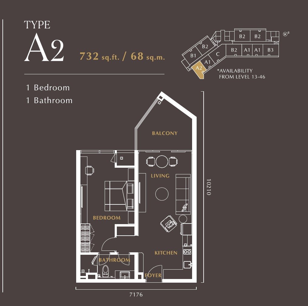 Golden Crown Residence Type A2 1 Bedroom · 1 Bathroom 732 sq ft floor plan