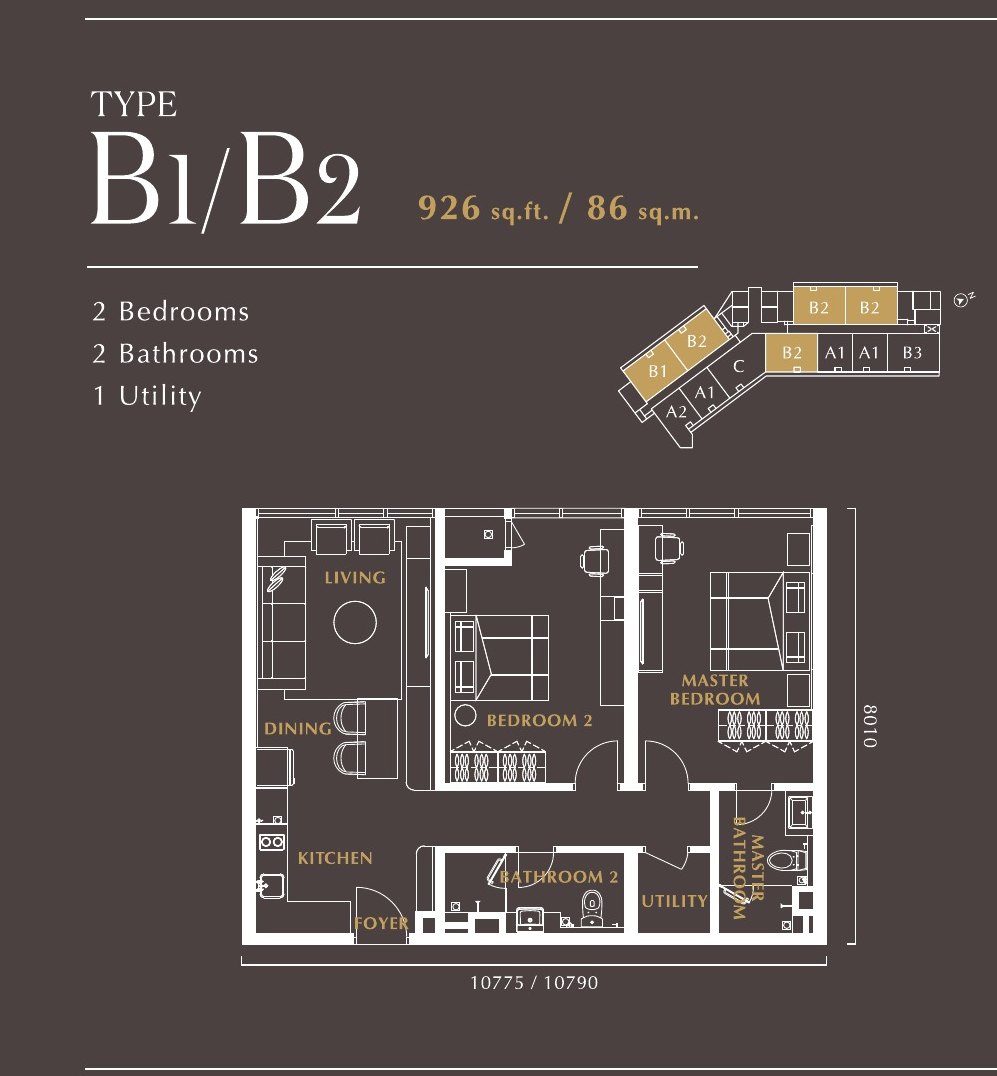 Golden Crown Residence Type B1 2 Bedrooms · 2 Bathrooms · 1 Utility 926 sq ft floor plan