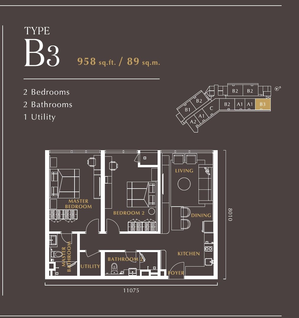 Golden Crown Residence Type B3 2 Bedrooms · 2 Bathrooms · 1 Utility 958 sq ft floor plan