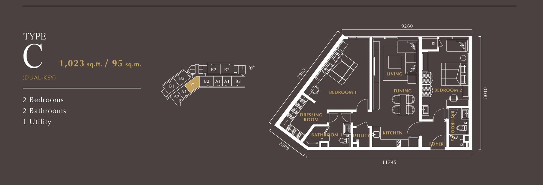 Golden Crown Residence Type C (Dual Key) 2 Bedrooms · 2 Bathrooms · 1 Utility 1023 sq ft floor plan