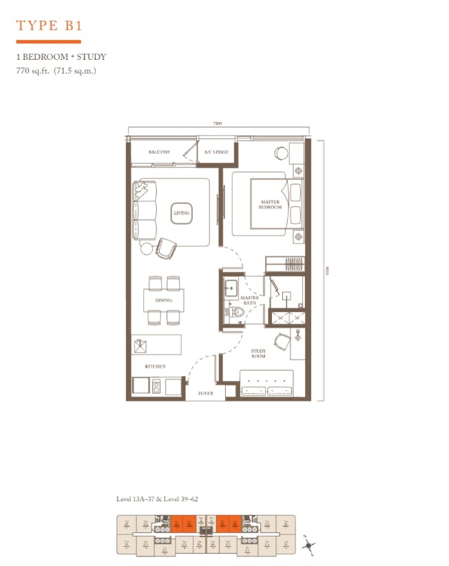 Pavilion Square Type B1 1 Bedroom + Study 770 sq ft floor plan