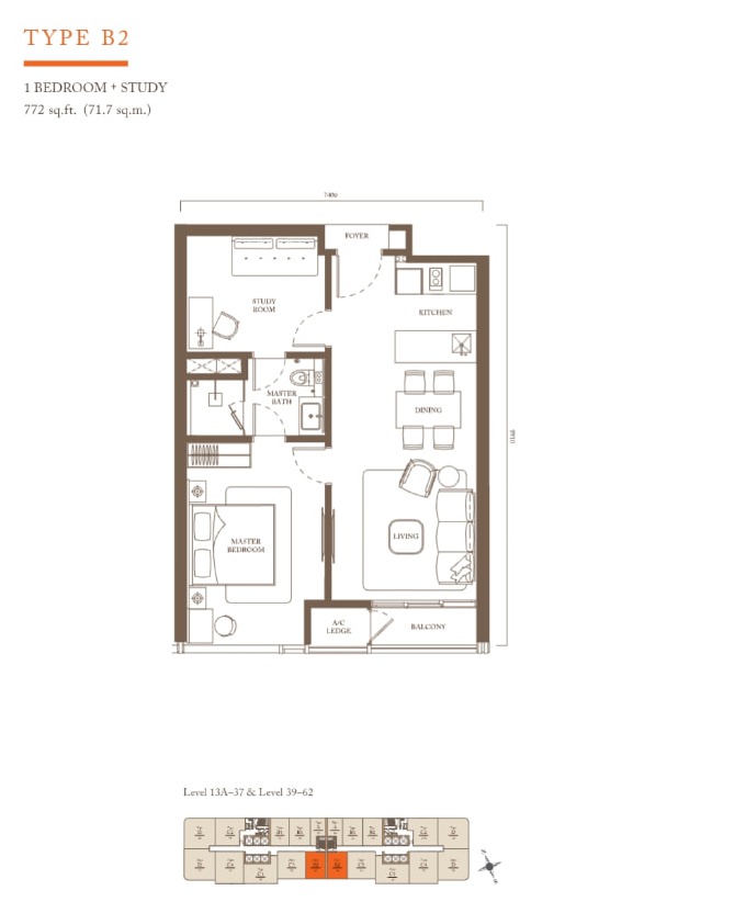 Pavilion Square Type B2 1 Bedroom + Study 772 sq ft floor plan