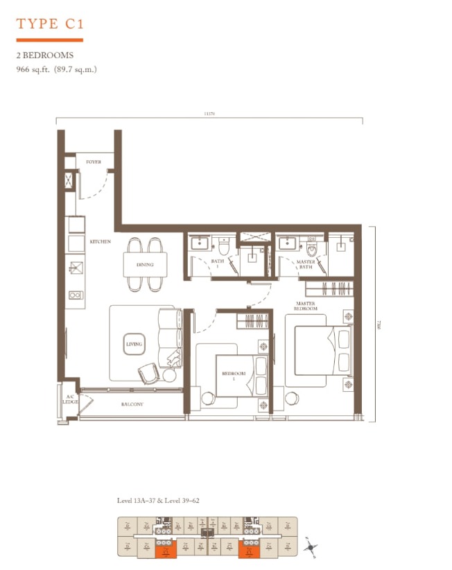 Pavilion Square Type C1 2 Bedrooms 966 sq ft floor plan