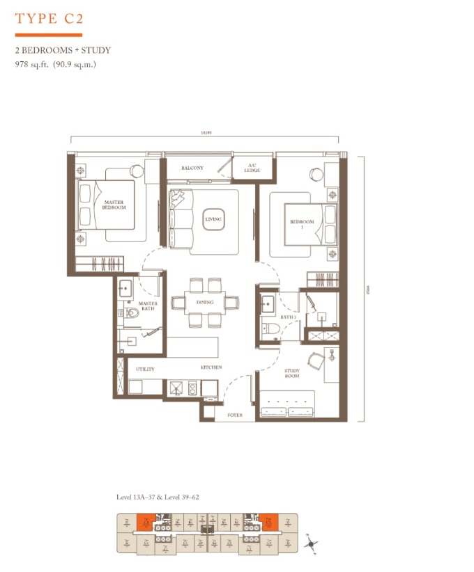 Pavilion Square Type C2 2 Bedrooms + Study 978 sq ft floor plan
