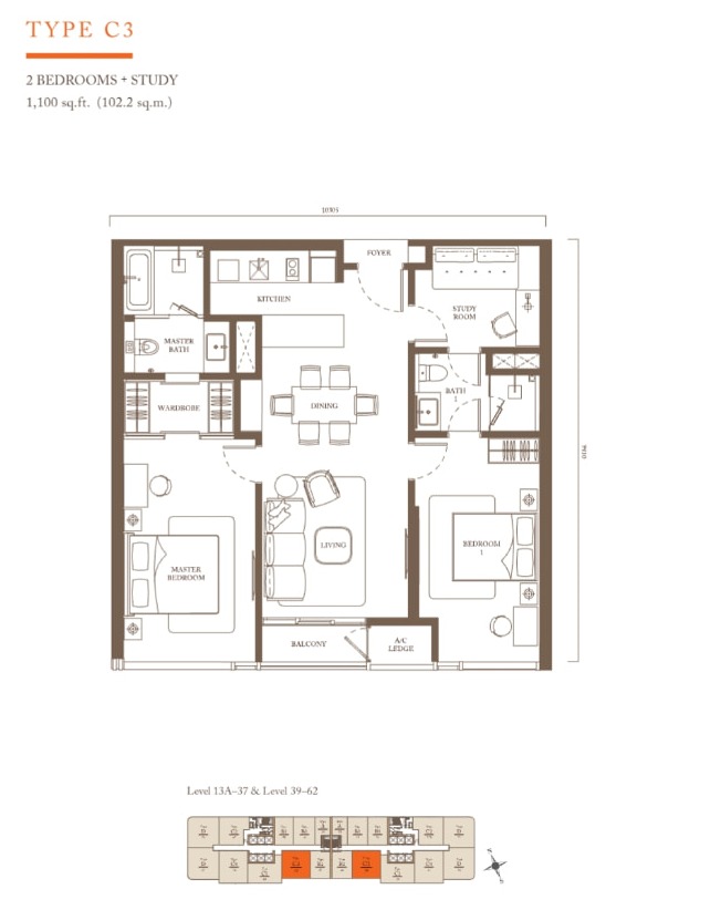 Pavilion Square Type C3 2 Bedrooms + Study 1100 sq ft floor plan