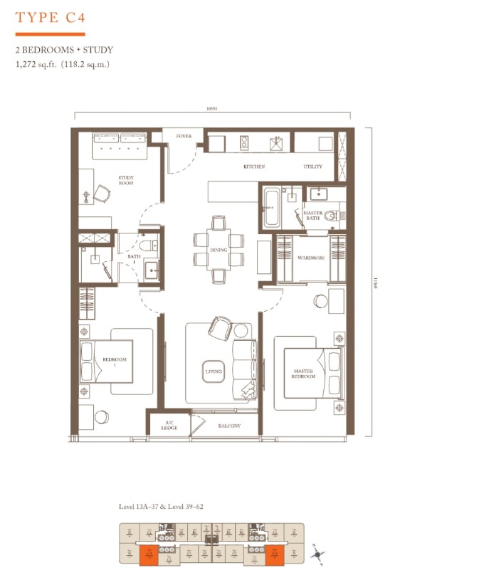 Pavilion Square Type C4 2 Bedrooms + Study 1272 sq ft floor plan