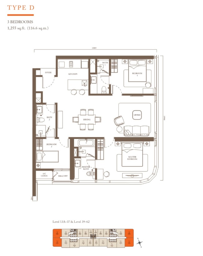 Pavilion Square Type D 3 Bedrooms 1255 sq ft floor plan