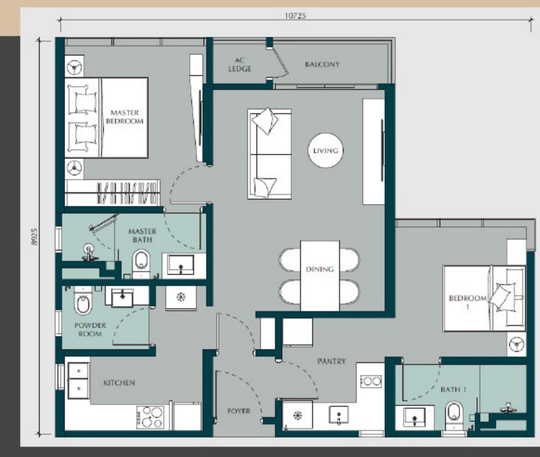 Times Square 2 Kuala Lumpur Type C · Dual Key 2 Bedrooms · 2 Bathrooms · Powder Room + Balcony 888 sq ft floor plan