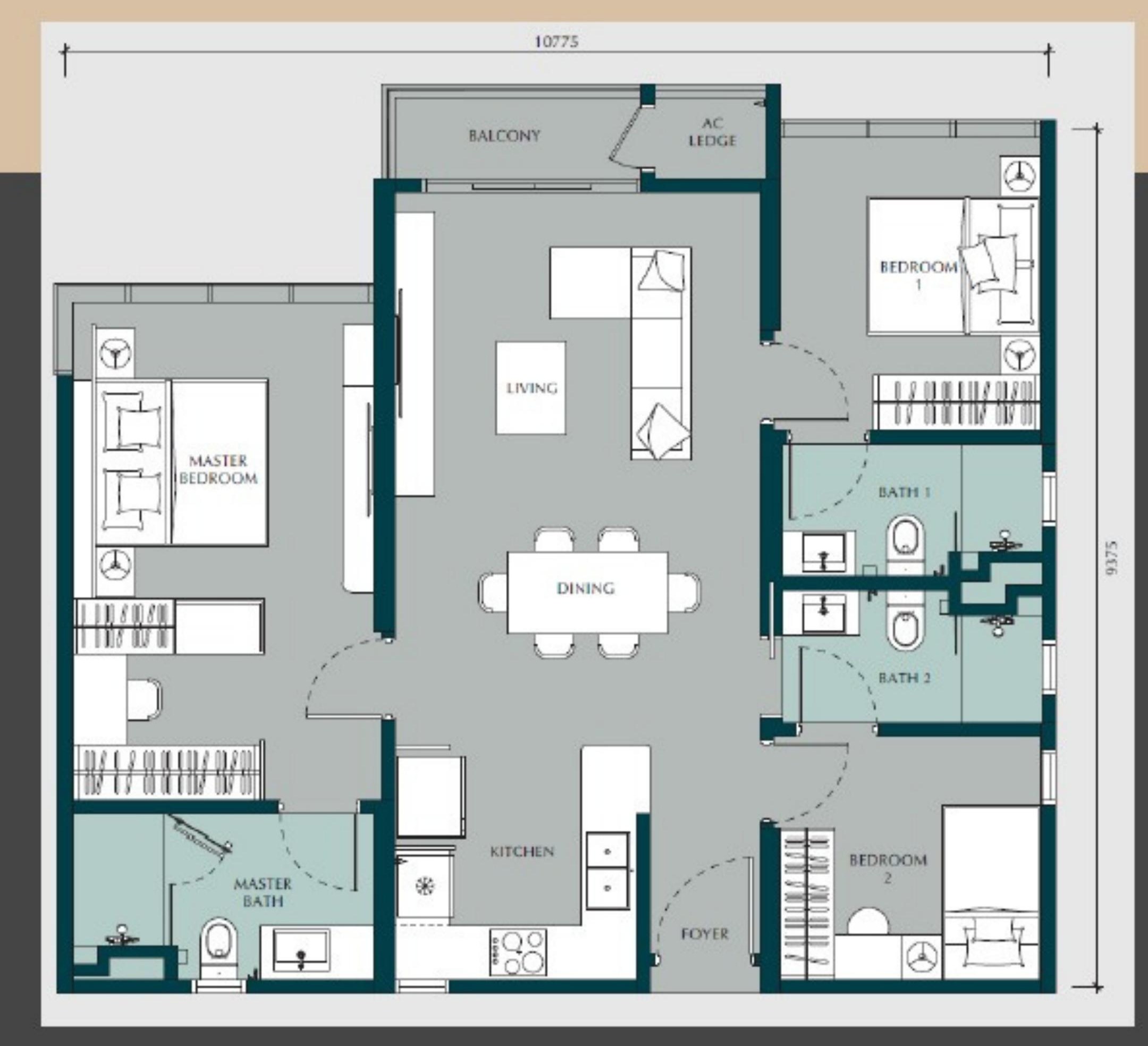 Times Square 2 Kuala Lumpur Type D 3 Bedrooms · 3 Bathrooms · Balcony 1038 sq ft floor plan